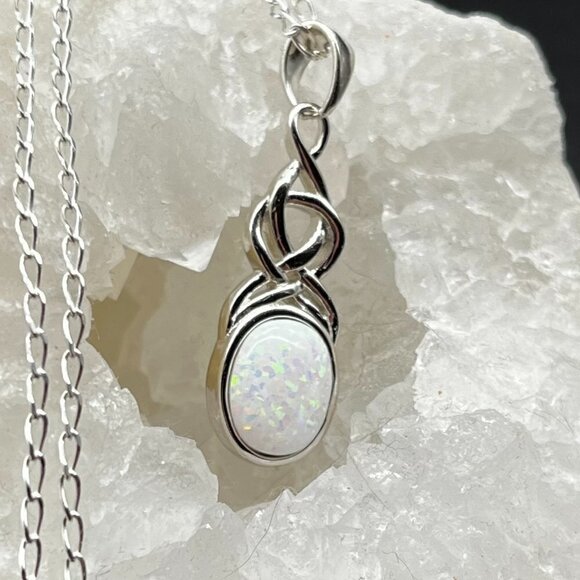 White Opal Celtic Twist Necklace Sterling Silver - Picture 3 of 6